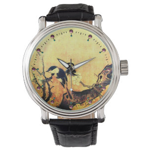 SPRING BIRD, FLOWER TREE Gold Yellow Brown Monogra Horloge