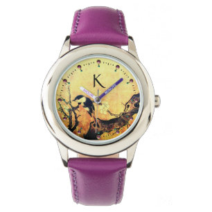 SPRING BIRD, FLOWER TREE Gold Yellow Brown Monogra Horloge