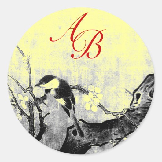 SPRING BIRD MONOGRAM, geel Ronde Sticker (Voorkant)