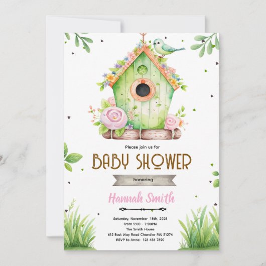 Spring bird nest baby shower invitation kaart (Voorkant)