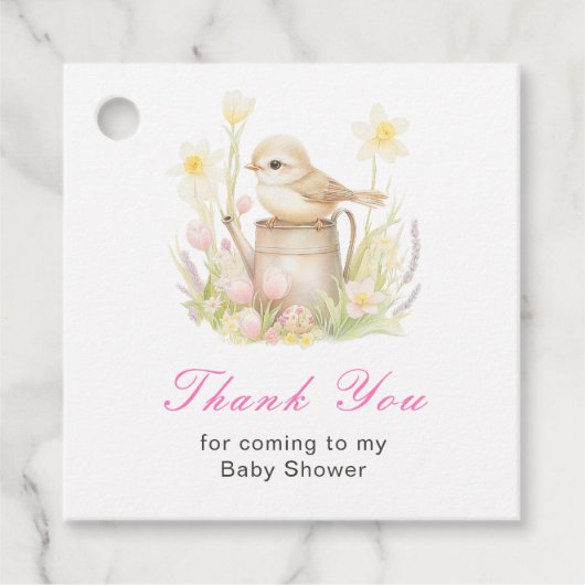 Spring Bird Watering Can Baby Shower Bedankjes Labels (Voorkant)