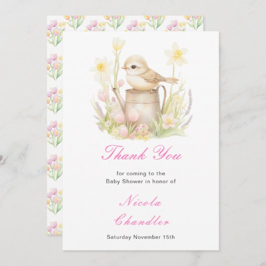 Spring Bird Watering Can Baby shower Bedankkaart (Voorkant / Achterkant)