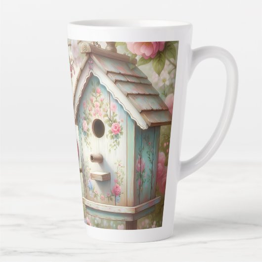 Spring Birdhouse With Pastel Flowers And Bird Latte Mok (Rechts)