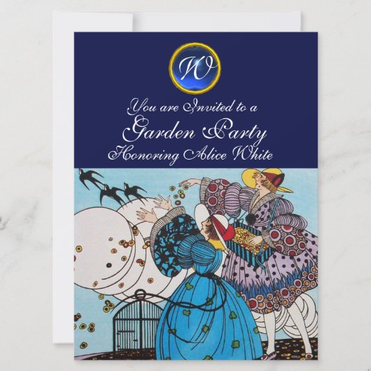 SPRING BIRDS GARDEN PARTY, SAPPHIRE GEM MONOGRAM KAART (Voorkant)