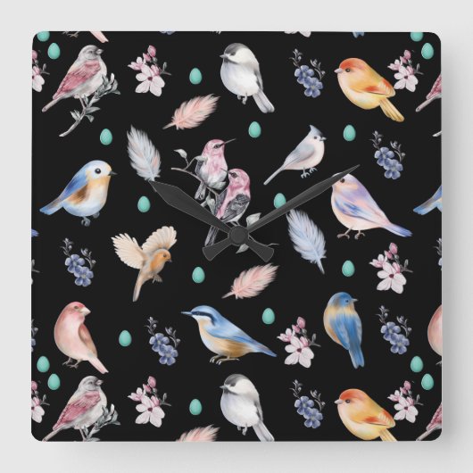 Spring Birds Pattern Vierkante Klok (Voorkant)