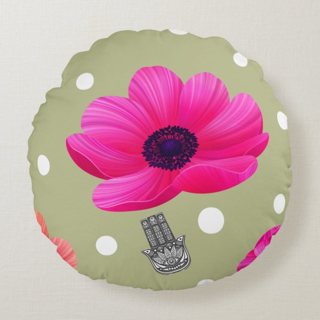 Spring Blossom Harmony: Vibrant Floral Cushion Rond Kussen (Voorkant)