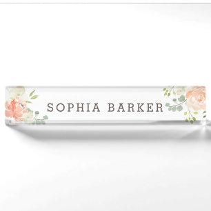 Spring Blush en perzik Waterverf Bloemen Kantoor Naambordje