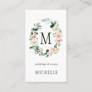 Spring Blush Floral Wreath Monogram Visitekaartje