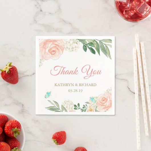 Spring Blush Peach Floral Dank u bruiloft Servetten (Insitu)