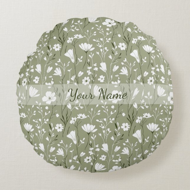 Spring Bobo Wildflowers Sage Green Personalized Rond Kussen (Voorkant)