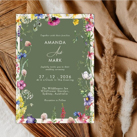 Spring Boho Chic Colorful Wildflower Wedding  Kaart
