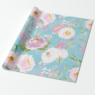 Spring Boho Hand getekende floralen op blauwgroen Cadeaupapier