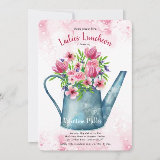 Spring Bouquet in Watering Can Luncheon Invitation Kaart (Voorkant)