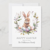 Spring Bunny Easter Eggs Krans gepersonaliseerd Feestdagenkaart (Voorkant)