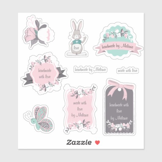 Spring Bunny en bloemenhandgemaakt met liefde Sticker (Vel)