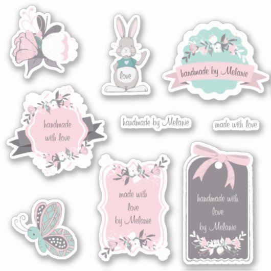 Spring Bunny en bloemenhandgemaakt met liefde Sticker (Voorkant)
