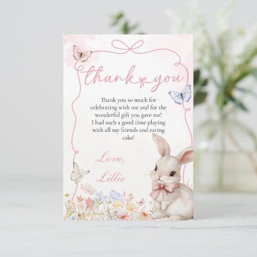 Spring Bunny met vlinders en lint boog Lijst Bedankkaart (Staand voorkant)