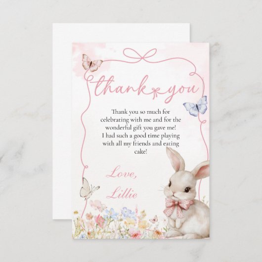 Spring Bunny met vlinders en lint boog Lijst Bedankkaart (Voorkant / Achterkant)