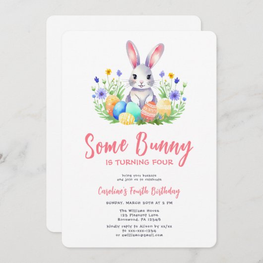 Spring Bunny Rabbit Pasen Vierde Verjaardag Kaart (Voorkant / Achterkant)