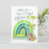 Spring Bunny Rainbow Ostara Floral Pagan Feestdagenkaart (Staand voorkant)