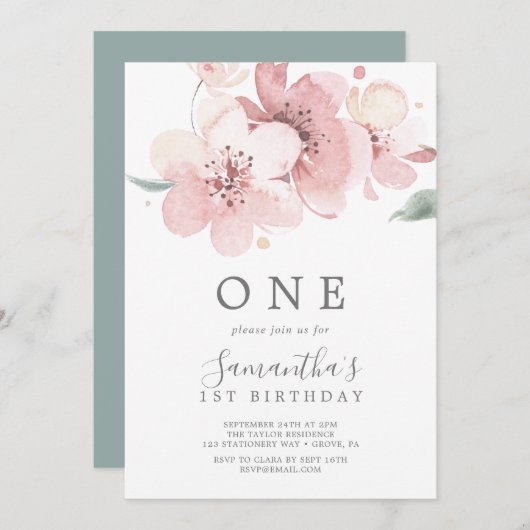 Spring Cherry Blossom First Birthday Party Kaart (Voorkant / Achterkant)