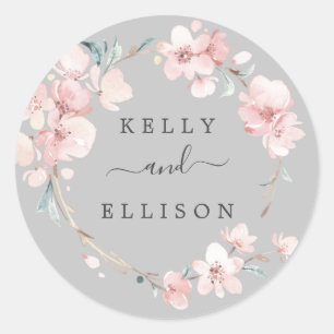 Spring Cherry Blossom Gray Wedding Envelope Seals Ronde Sticker