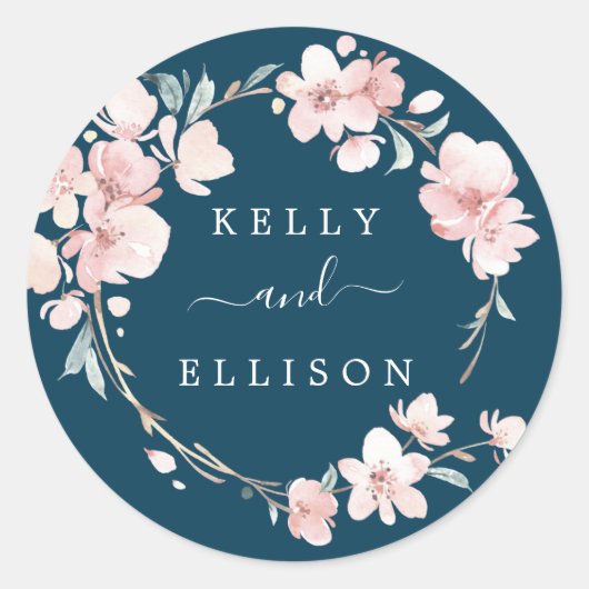 Spring Cherry Blossom Navy Wedding Envelope Seals Ronde Sticker (Voorkant)