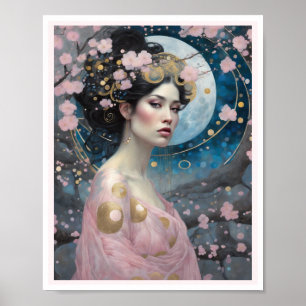 Spring Cherry Blossom Vrouw met Donker Haar Goud Poster