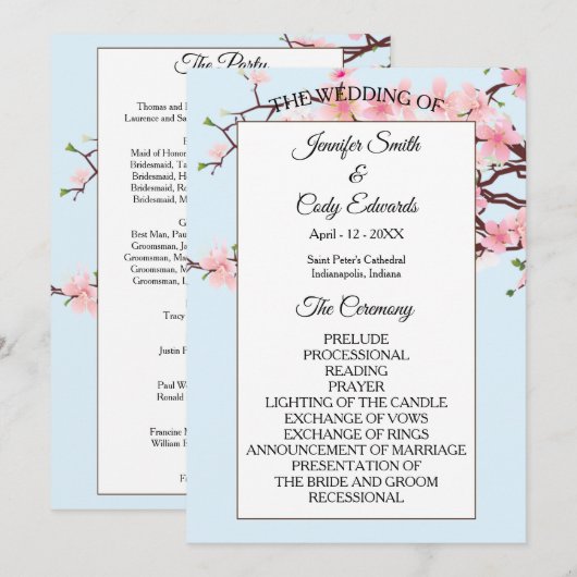 Spring Cherry Blossoms Programme de mariage bleu (Devant / Derrière)