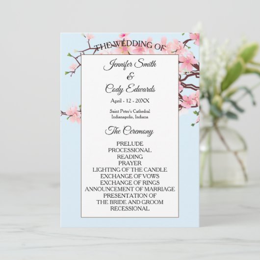 Spring Cherry Blossoms Programme de mariage bleu (Debout devant)