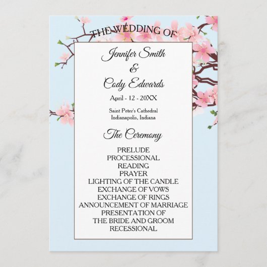 Spring Cherry Blossoms Programme de mariage bleu (Devant)
