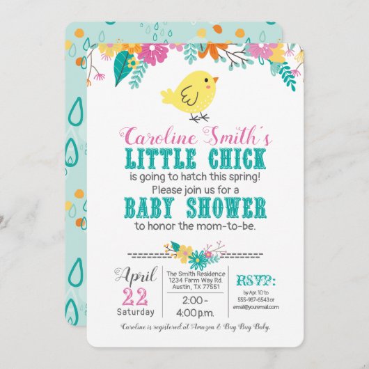 Spring Chick Baby shower Geslacht Neutraal Blauw R Kaart (Voorkant / Achterkant)