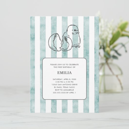 Spring Chick & Stripes  Kind Verjaardag Kaart (Staand voorkant)