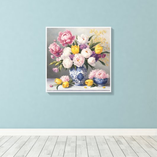 Spring Chinoiserie Blauw Wit Vaas Pioenrozen Tulpe Canvas Afdruk (Insitu (Houten vloer))