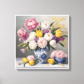 Spring Chinoiserie Blauw Wit Vaas Pioenrozen Tulpe Canvas Afdruk (Voorkant)