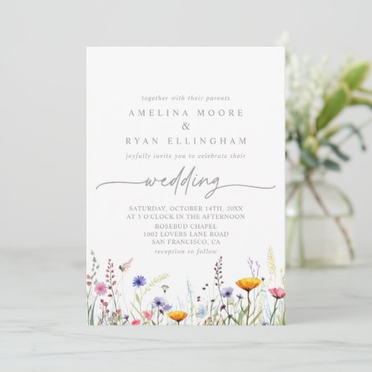 Spring Colorful Wildflower Front & Back Wedding Kaart (Staand voorkant)