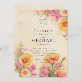Spring CottageCore roze en perzik bruiloft Kaart