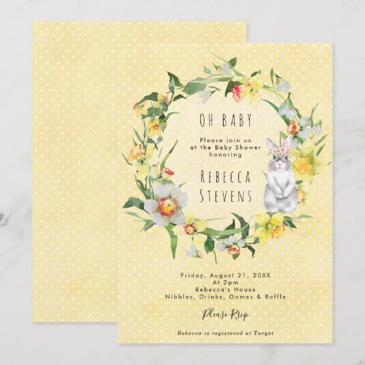 spring daffodil bunny baby shower invitation (Devant / Derrière)