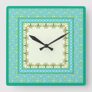 Spring Daffodils Border en Polka Dots Wandklok Vierkante Klok