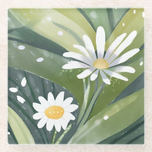 Spring Daisies | Waterverf Witte Bloementuin Glazen Onderzetter (Voorkant)