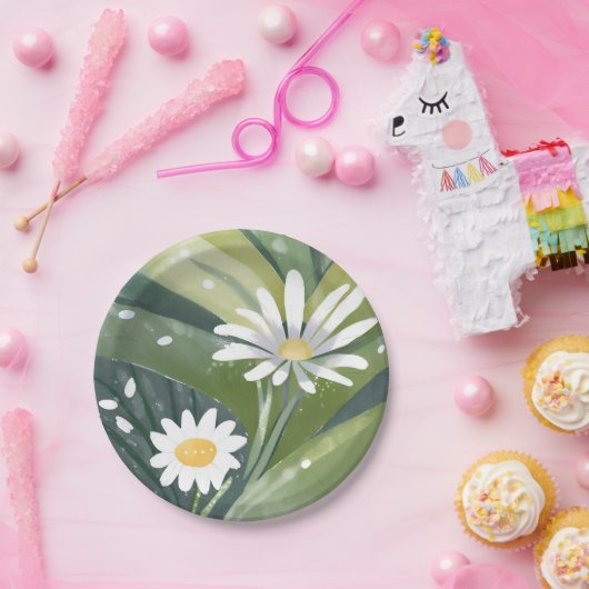 Spring Daisies | Waterverf Witte Bloementuin Papieren Bordje (Feest)