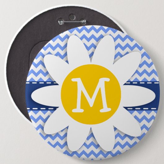 Spring Daisy, Blue Chevron Pattern Ronde Button 6,0 Cm (Voorkant /achterkant)