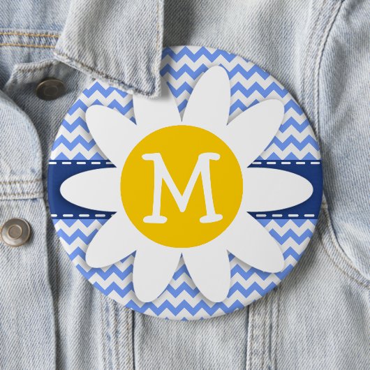 Spring Daisy, Blue Chevron Pattern Ronde Button 6,0 Cm (In situ)