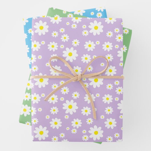 Spring Daisy Pattern Pastel Paars Blue Green Inpakpapier Vel (In situ)