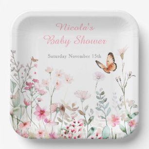 Spring Deep Pink Butterfly Floral Baby shower Papieren Bordje