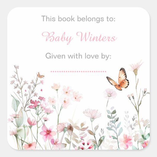 Spring Deep Pink Butterfly Floral Baby shower Vierkante Sticker (Voorkant)