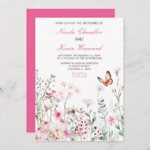 Spring Deep Pink Butterfly Floral Wedding Kaart
