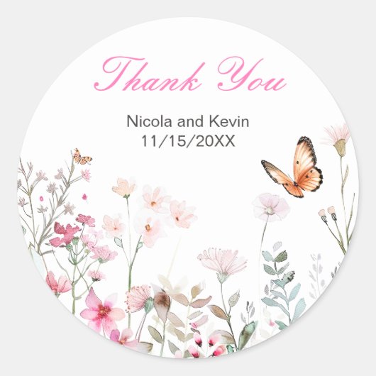 Spring Deep Pink, Butterfly Floral Wedding Ronde Sticker (Voorkant)