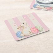 Spring Easter Bunny & Eggs Stripe  Vierkante Kartonnen Onderzetter (Schuin)