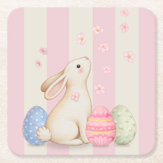 Spring Easter Bunny & Eggs Stripe  Vierkante Kartonnen Onderzetter